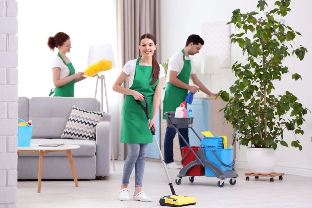 Two cleaners in green aprons with a mop and supply cart, representing Queen City Cleaners move out cleaning in Myers Park, NC.