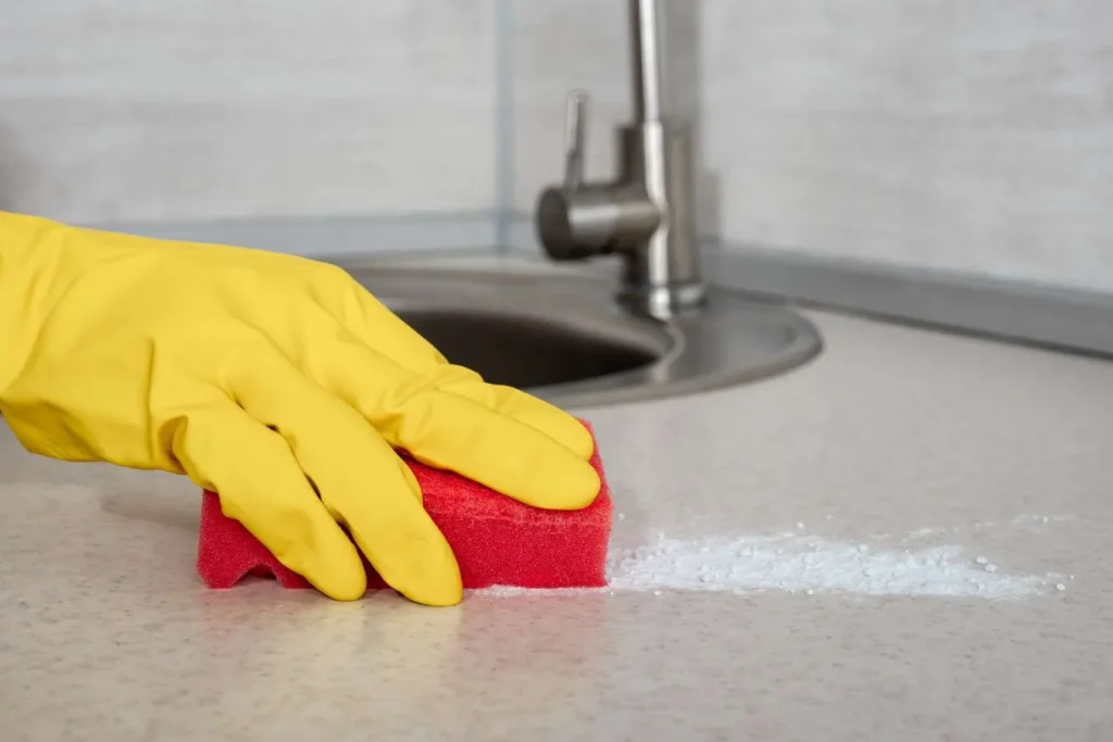 Yellow-gloved hand scrubbing a kitchen sink with a sponge during Queen City Cleaners move out cleaning in SouthPark, NC. Move Out cleaning near me