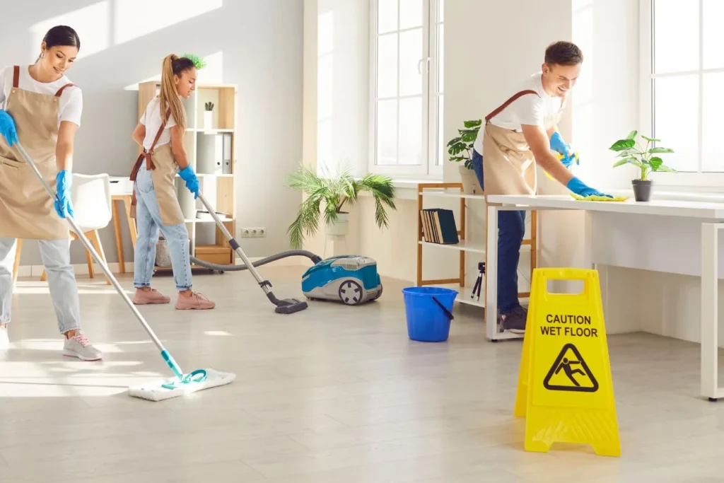 Vacuum, bucket, and cleaning supplies in a bright, emptied living room during move out cleaning in SouthPark, NC by Queen City Cleaners.
